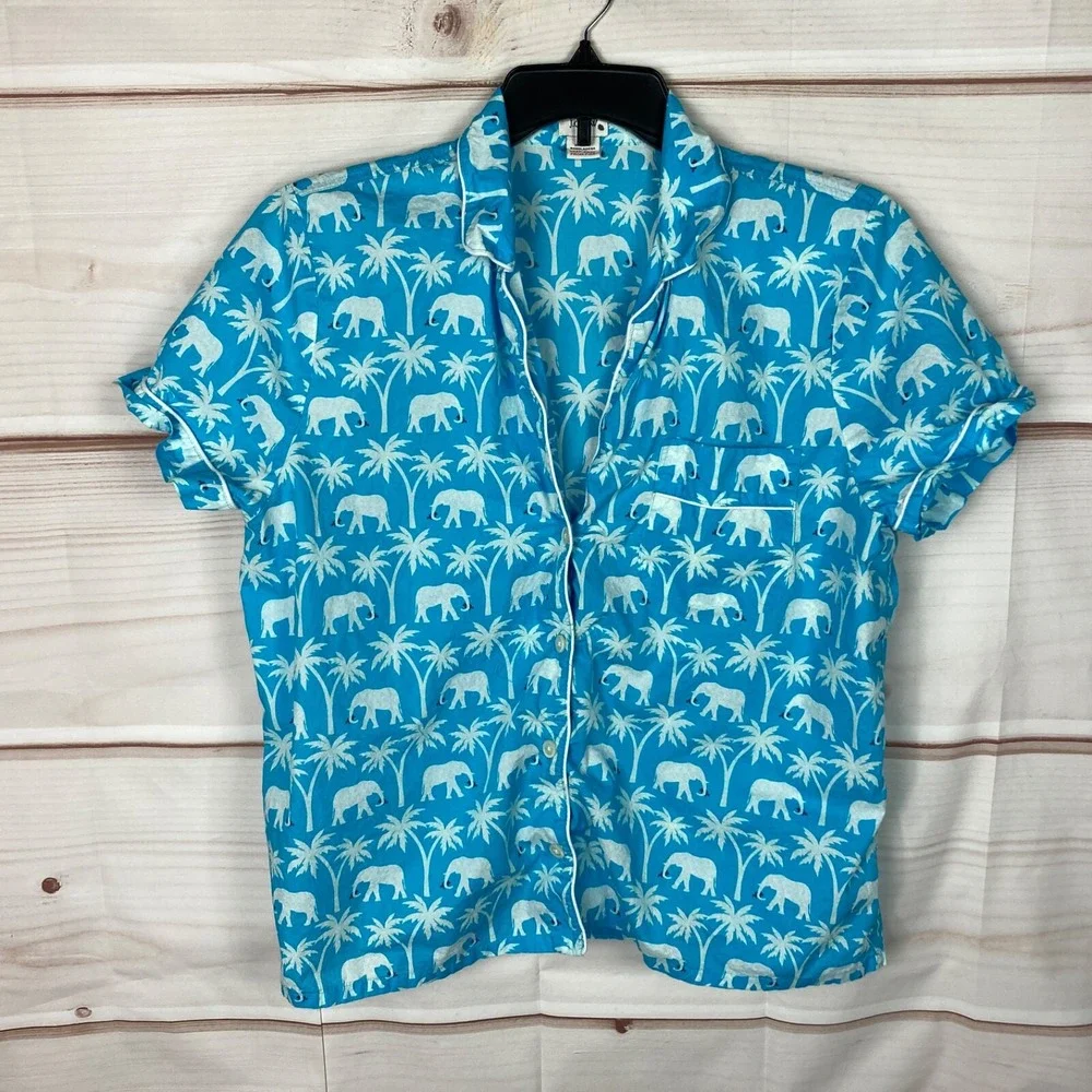 J Crew Pajama Top Womens XL Blue Elephant Print Button Up Shirt Cotton Collar